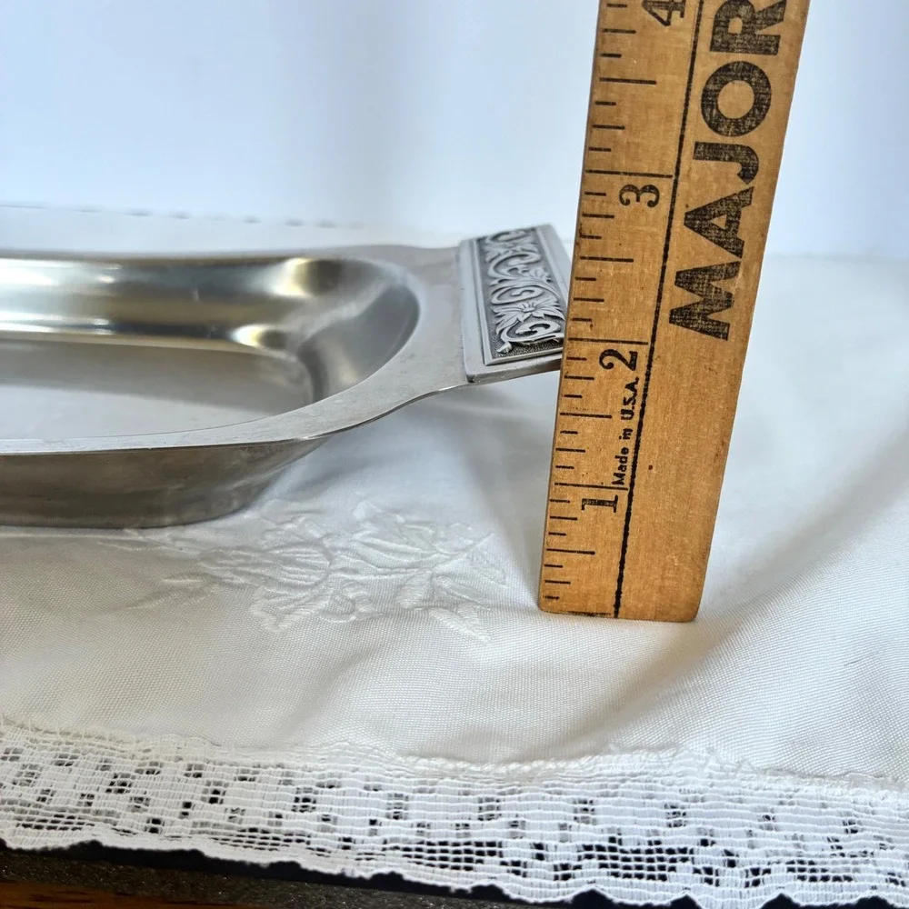 Vtg International Decorator Stainless Tray Floral Scroll Handle MCM Chic Retro